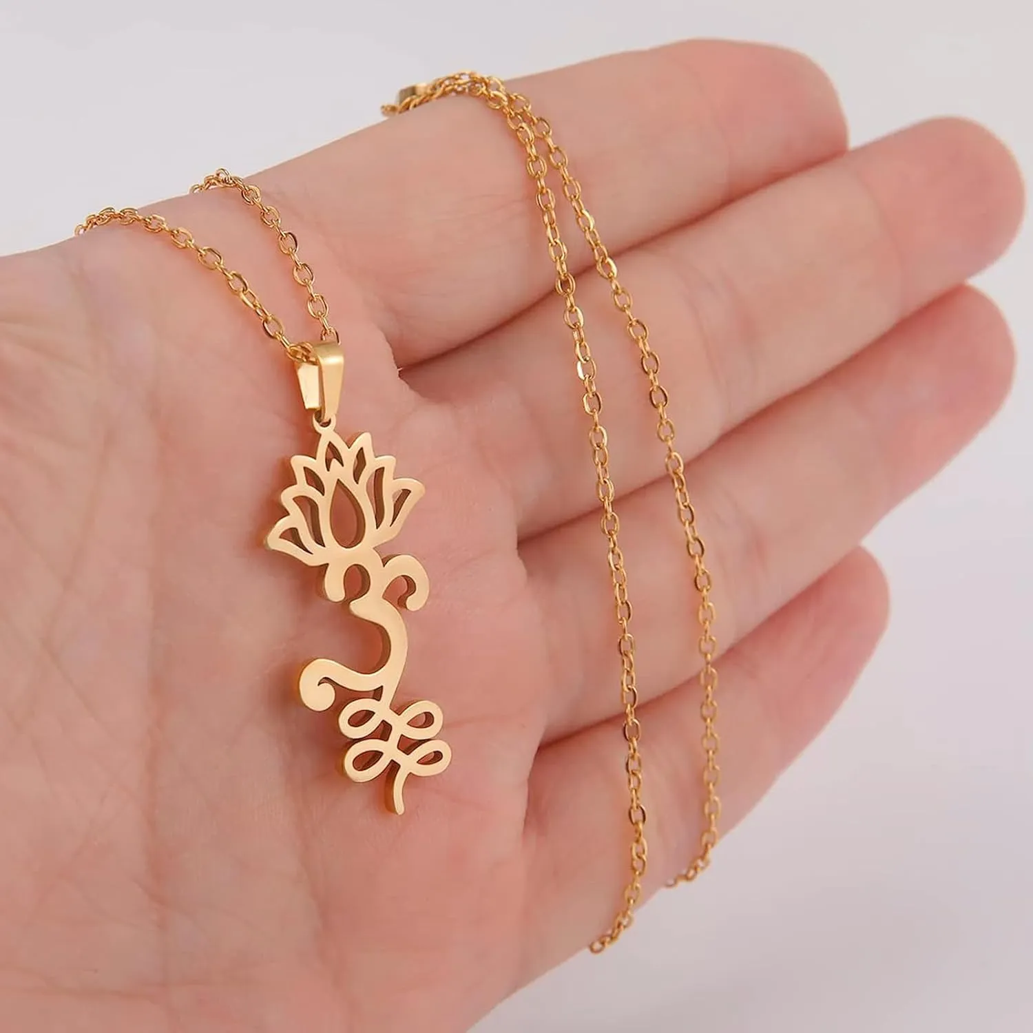 UNIFT Lotus Flower Om Necklace for Women Stainless Steel Chic Aum Om Ohm Lotus Flower Pendant Necklace Hindu Meditation Jewelry Gift