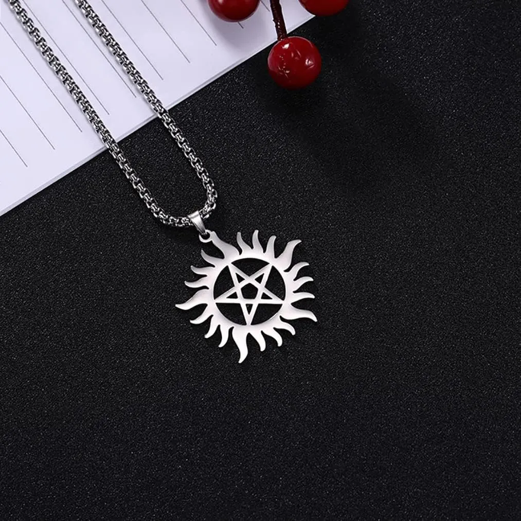 UNIFT Pentagram Sun Wheel Layered Necklace For Women Men Stainless Steel Dainty Chic Sun Sunburst Pentacle Pendant Double Layer Necklace Jewelry Gift
