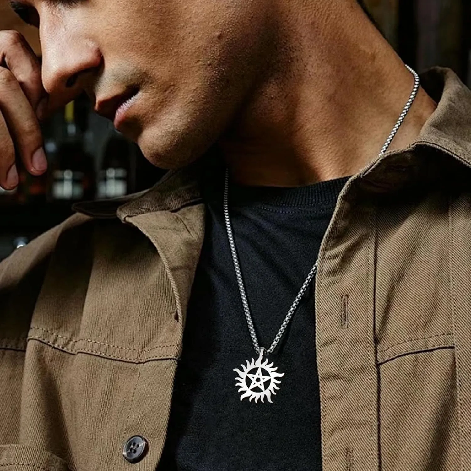 UNIFT Pentagram Sun Wheel Layered Necklace For Women Men Stainless Steel Dainty Chic Sun Sunburst Pentacle Pendant Double Layer Necklace Jewelry Gift