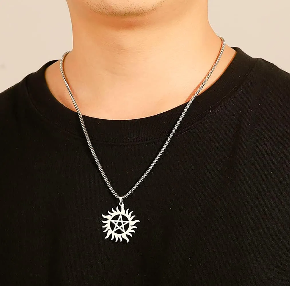 UNIFT Pentagram Sun Wheel Layered Necklace For Women Men Stainless Steel Dainty Chic Sun Sunburst Pentacle Pendant Double Layer Necklace Jewelry Gift