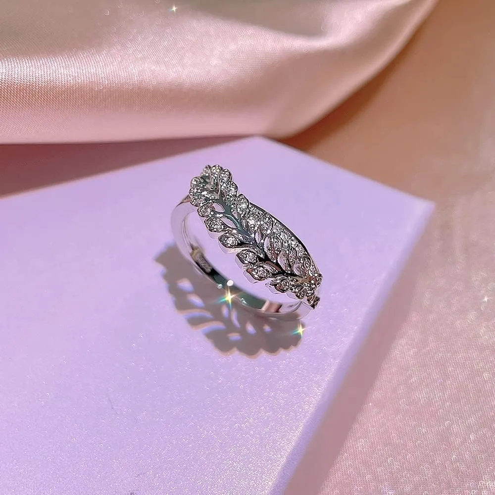 Unique Branch Shape Design Fashion CZ Eternity Ring Wedding Band for Women Delicate Floral Leaf Fashion Jewellery Gifts (US Size 8)