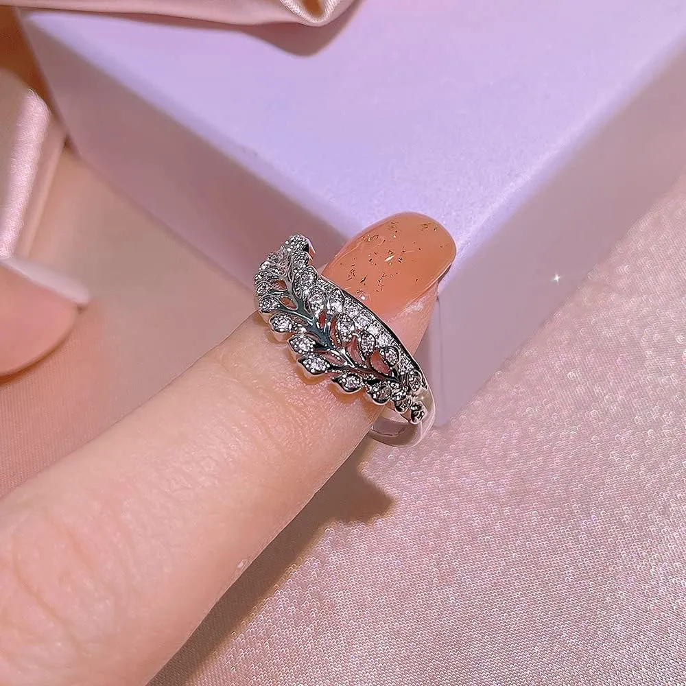 Unique Branch Shape Design Fashion CZ Eternity Ring Wedding Band for Women Delicate Floral Leaf Fashion Jewellery Gifts (US Size 8)