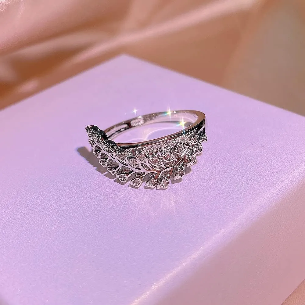 Unique Branch Shape Design Fashion CZ Eternity Ring Wedding Band for Women Delicate Floral Leaf Fashion Jewellery Gifts (US Size 8)
