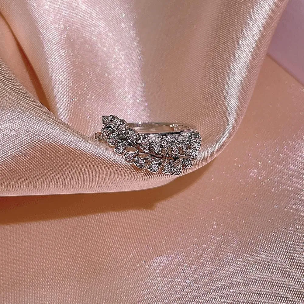 Unique Branch Shape Design Fashion CZ Eternity Ring Wedding Band for Women Delicate Floral Leaf Fashion Jewellery Gifts (US Size 8)