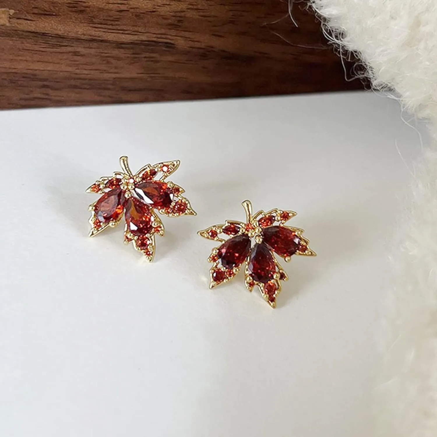 Unique Dainty Sparkly Crystal Orange Red Maple Leaf Dangle Drop Stud Earrings Cute Elegant Glitter Rhinestone Leaf Stud Earrings for Women