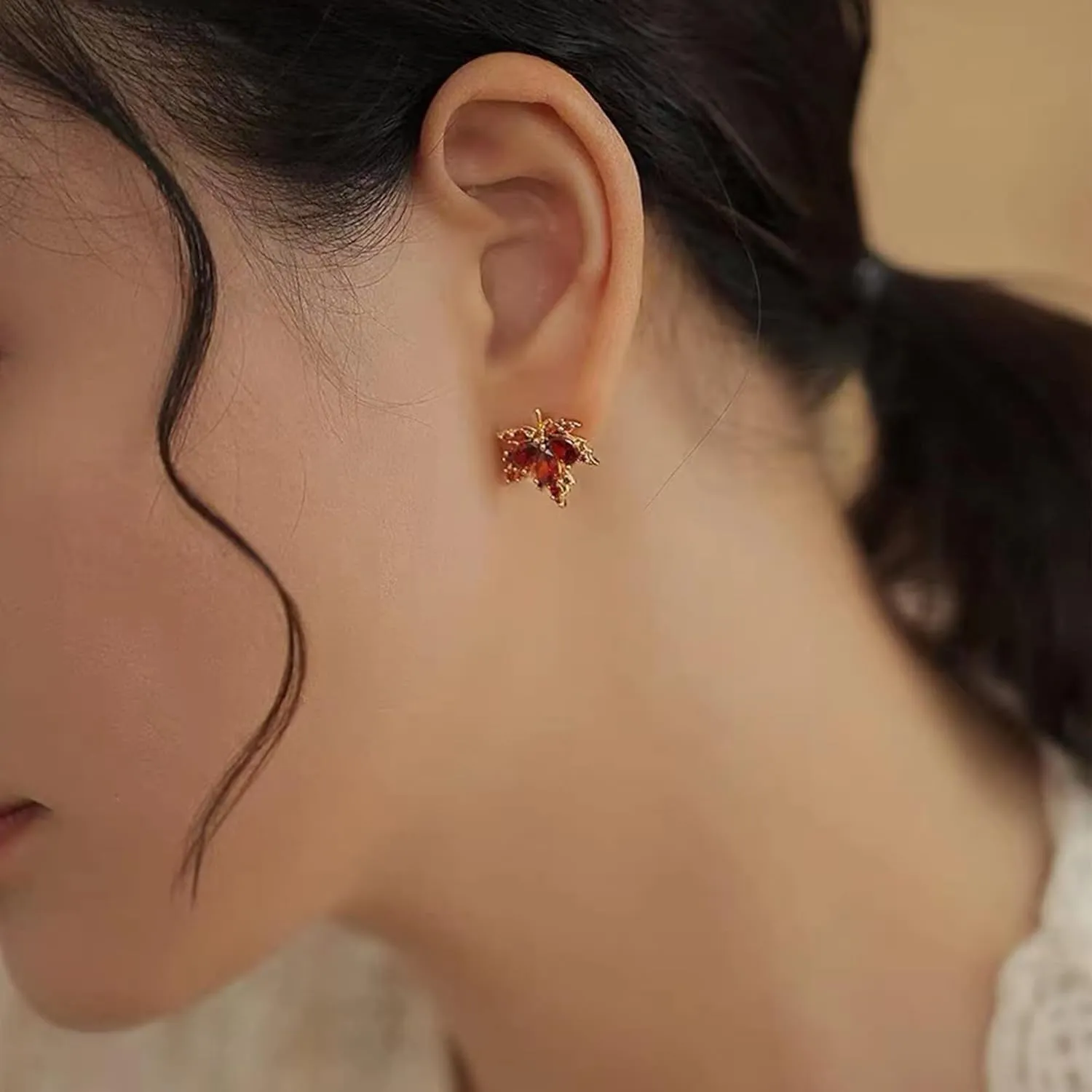 Unique Dainty Sparkly Crystal Orange Red Maple Leaf Dangle Drop Stud Earrings Cute Elegant Glitter Rhinestone Leaf Stud Earrings for Women