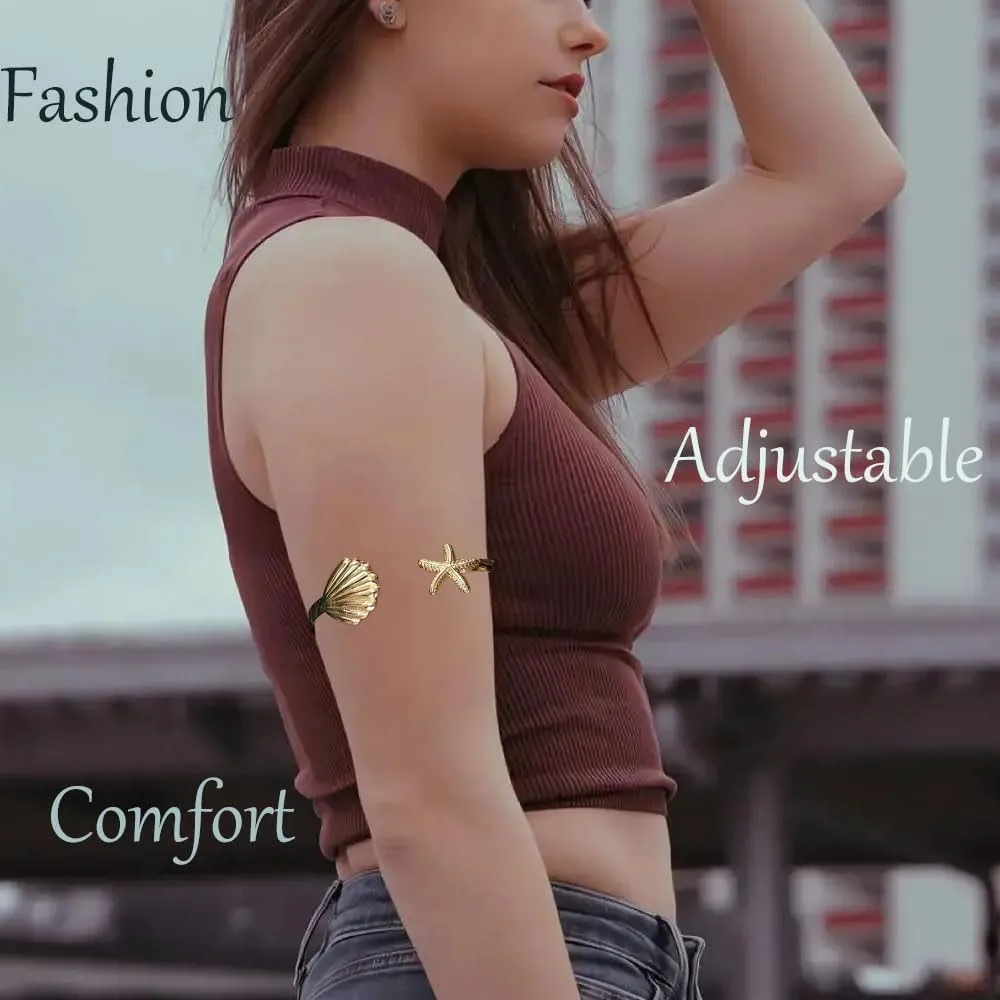 Upper Arm Cuff Bracelets for Women Gold Adjustable Starfish Arm Cuff Fashion Open Bangle Bracelet Summer Beach Starfish Accessories Jewelry for Women