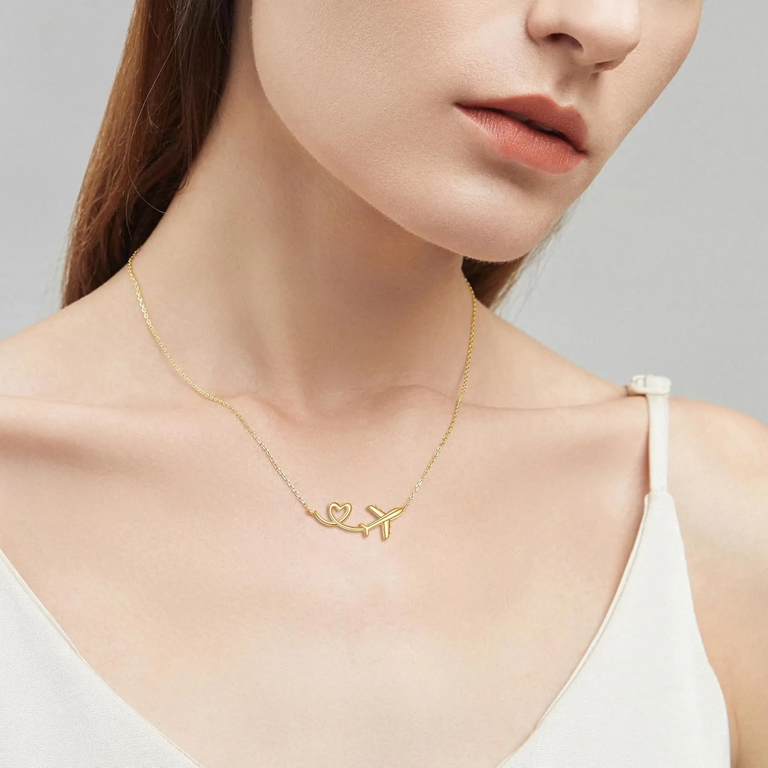 URONE Airplane Necklace 925 Sterling Silver Heart Airplane Pendant Aircraft Jewelry Gifts for Women Men