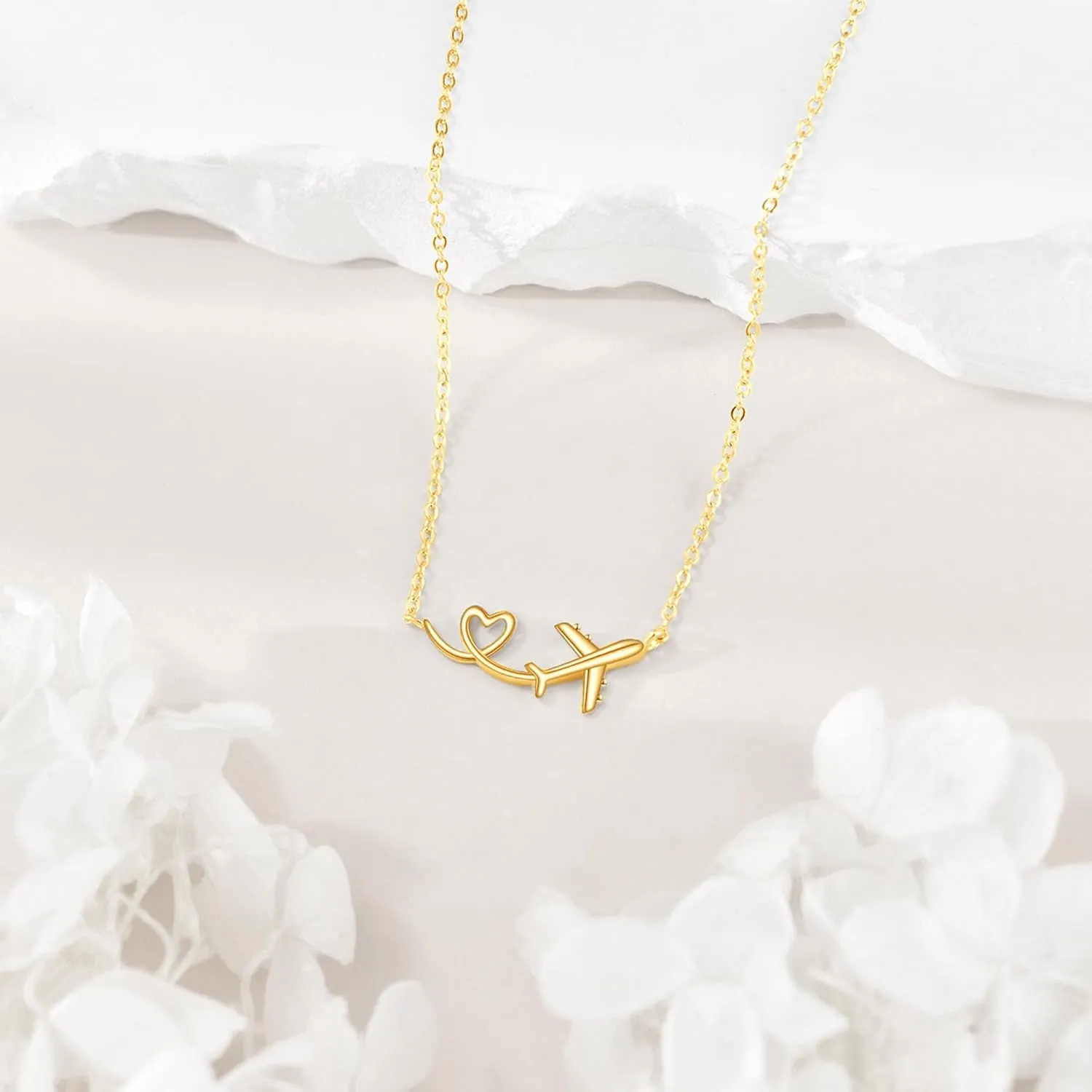 URONE Airplane Necklace 925 Sterling Silver Heart Airplane Pendant Aircraft Jewelry Gifts for Women Men