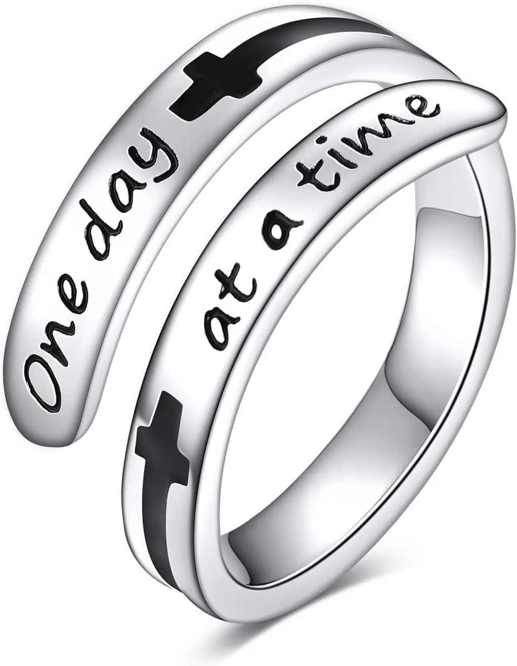 URONE Faith Cross Rings Adjustable Sterling Silver Faith Over Fear Cross Rings Christian Religious Jewelry Gifts For Women Men (One day at a time)