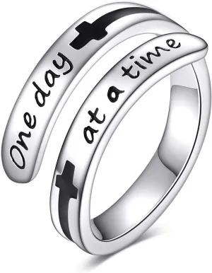 URONE Faith Cross Rings Adjustable Sterling Silver Faith Over Fear Cross Rings Christian Religious Jewelry Gifts For Women Men (One day at a time)