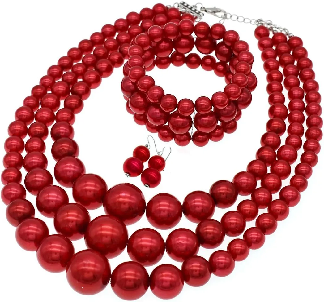 utop Large Multi Strand Chunky Pearls Necklace and Earring Set - Costume Jewelry for Women