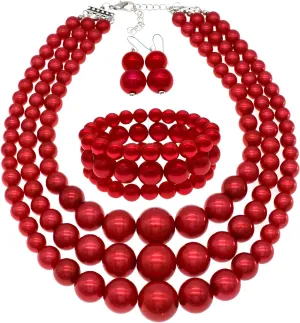 utop Large Multi Strand Chunky Pearls Necklace and Earring Set - Costume Jewelry for Women