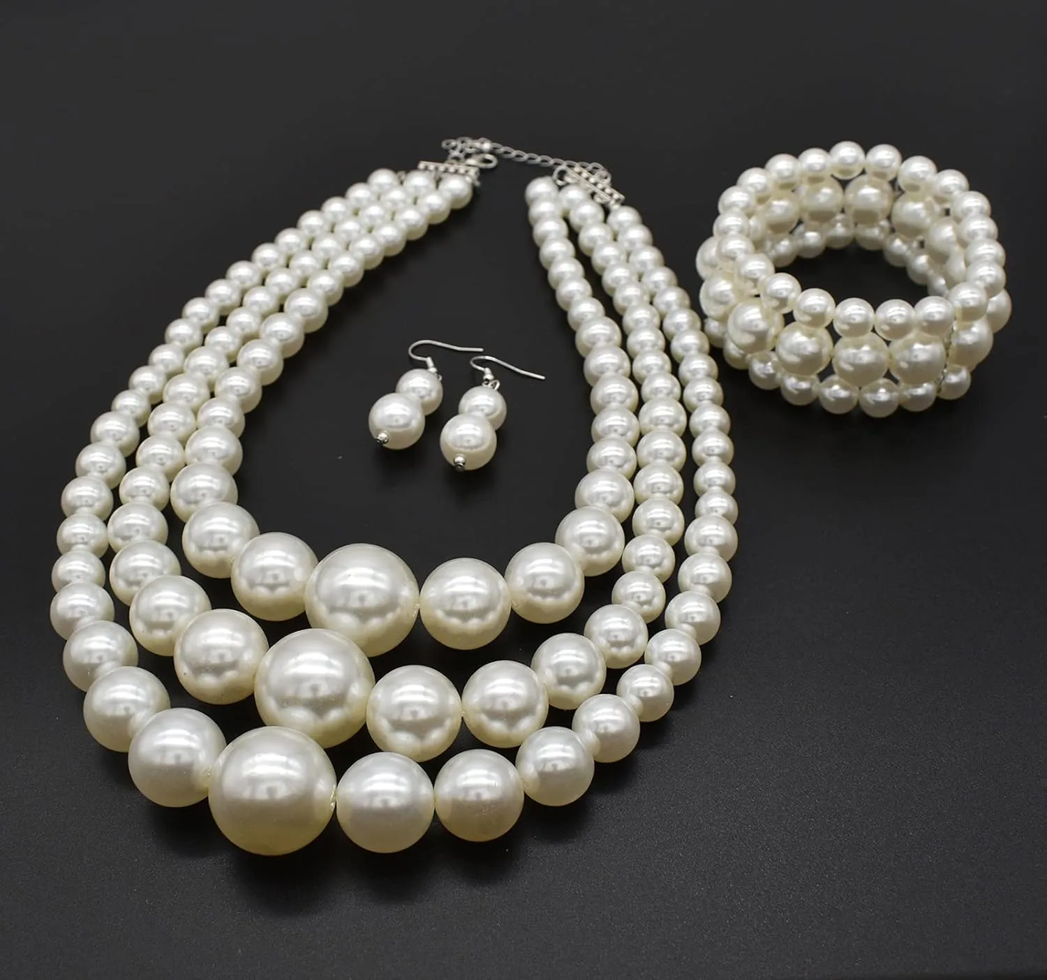 utop Large Multi Strand Chunky Pearls Necklace and Earring Set - Costume Jewelry for Women