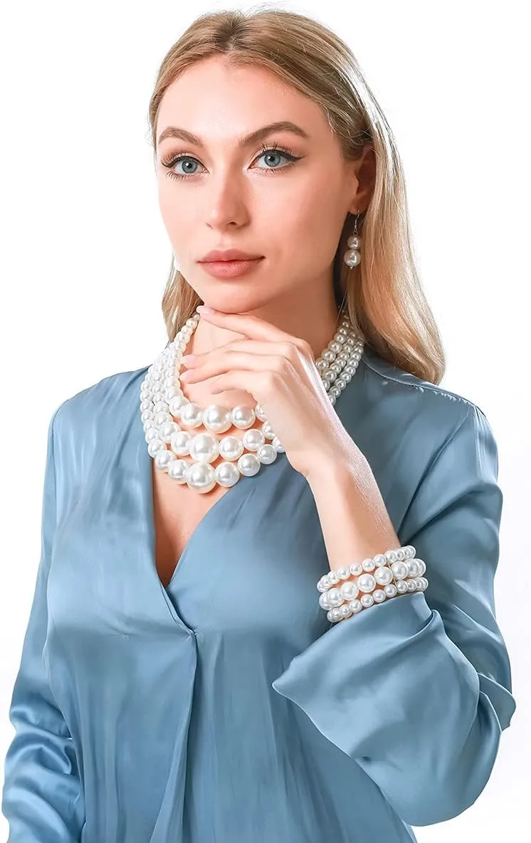 utop Large Multi Strand Chunky Pearls Necklace and Earring Set - Costume Jewelry for Women
