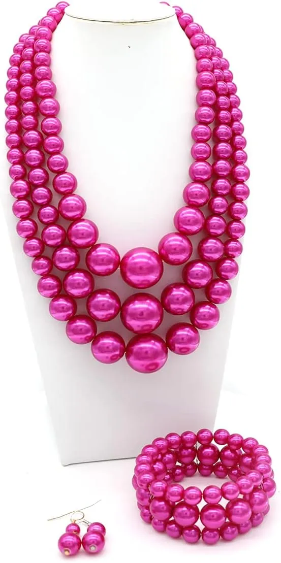 utop Large Multi Strand Chunky Pearls Necklace and Earring Set - Costume Jewelry for Women