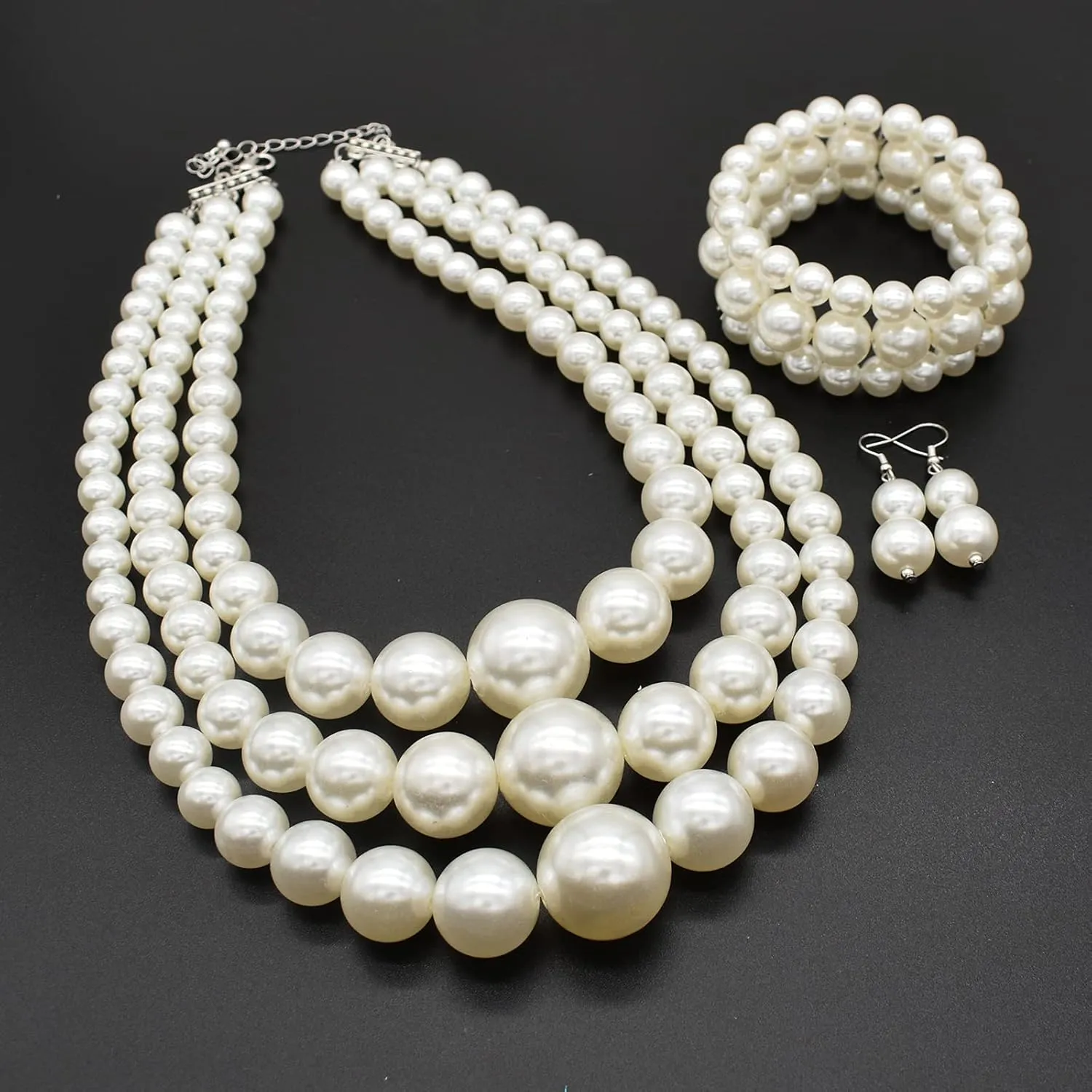 utop Large Multi Strand Chunky Pearls Necklace and Earring Set - Costume Jewelry for Women