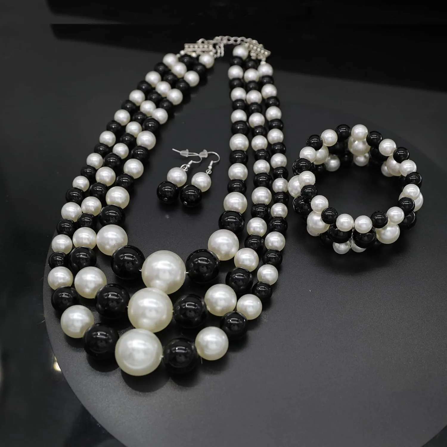 utop Large Multi Strand Chunky Pearls Necklace and Earring Set - Costume Jewelry for Women
