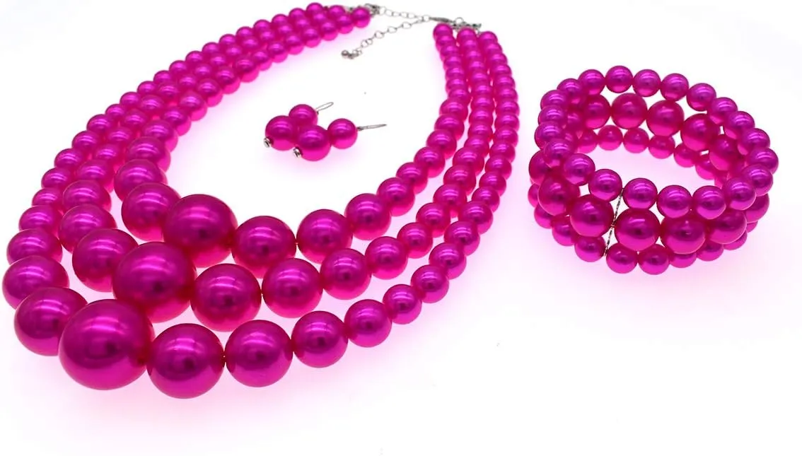 utop Large Multi Strand Chunky Pearls Necklace and Earring Set - Costume Jewelry for Women