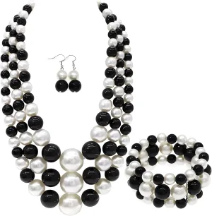 utop Large Multi Strand Chunky Pearls Necklace and Earring Set - Costume Jewelry for Women
