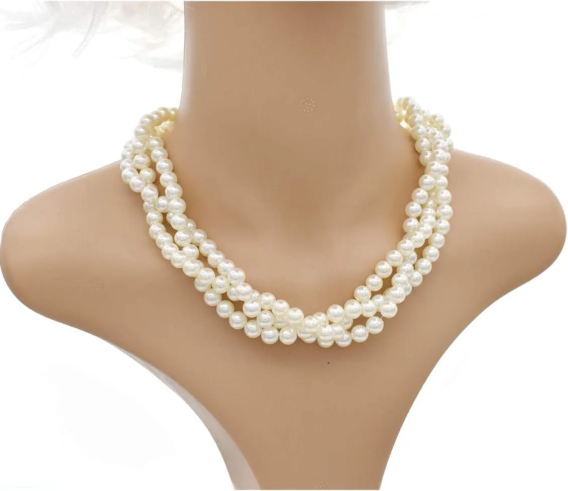 utop Large Multi Strand Chunky Pearls Necklace and Earring Set - Costume Jewelry for Women