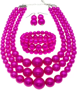utop Large Multi Strand Chunky Pearls Necklace and Earring Set - Costume Jewelry for Women