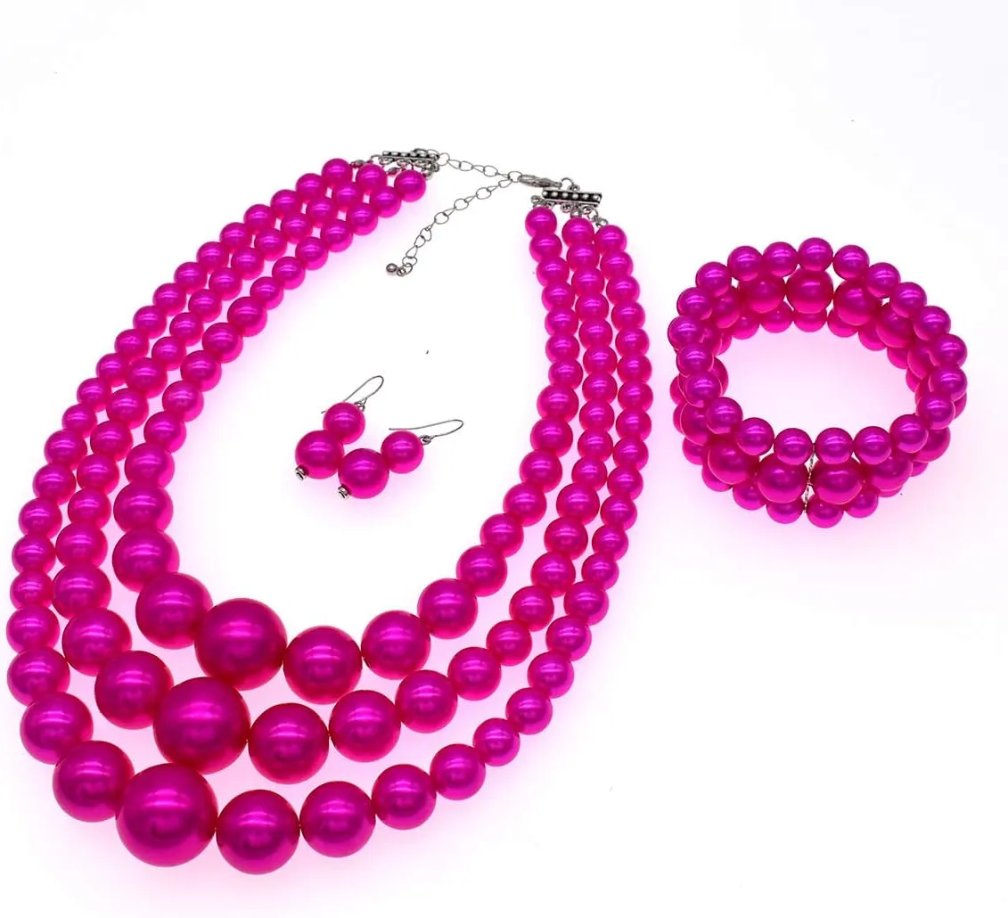 utop Large Multi Strand Chunky Pearls Necklace and Earring Set - Costume Jewelry for Women