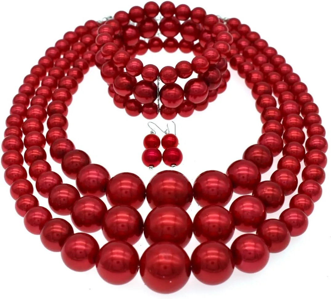 utop Large Multi Strand Chunky Pearls Necklace and Earring Set - Costume Jewelry for Women