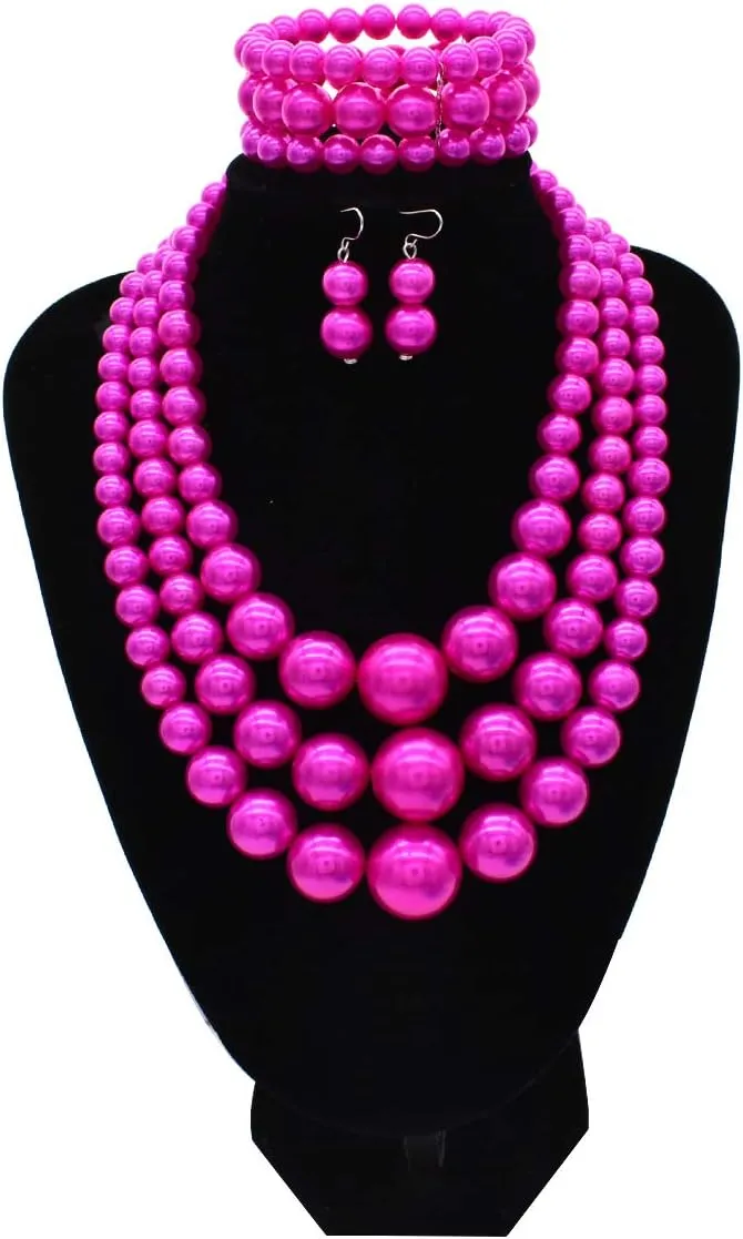 utop Large Multi Strand Chunky Pearls Necklace and Earring Set - Costume Jewelry for Women