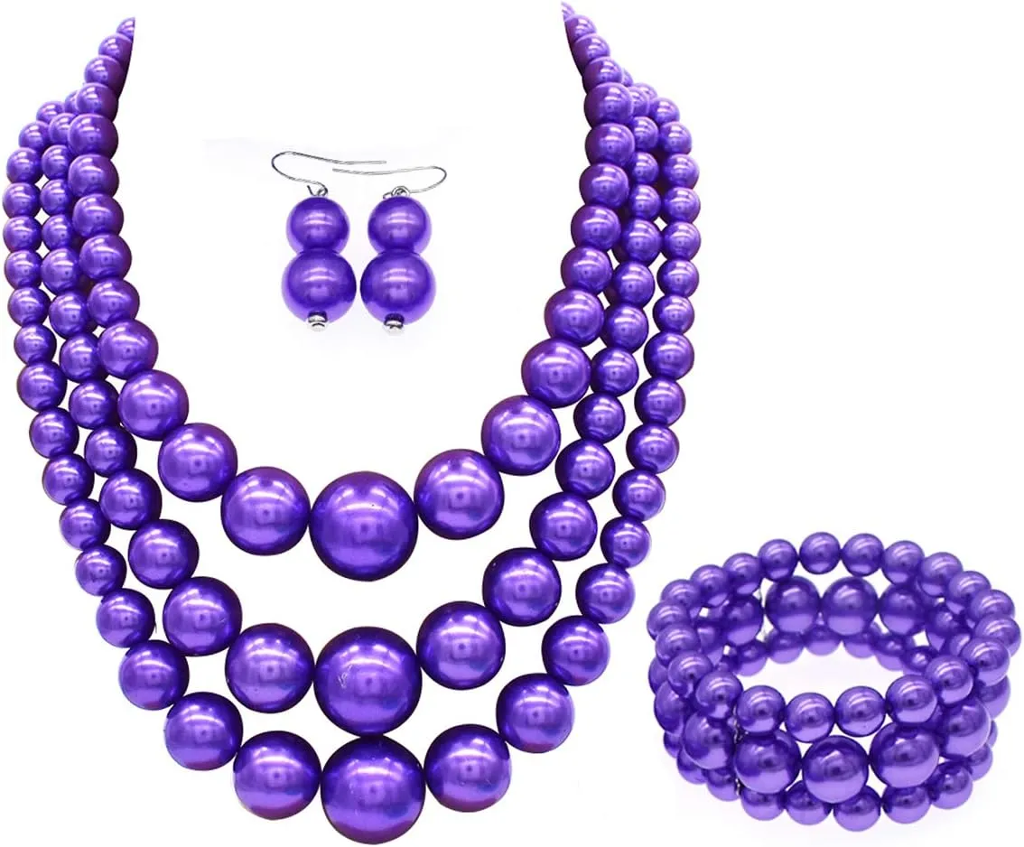utop Large Multi Strand Chunky Pearls Necklace and Earring Set - Costume Jewelry for Women