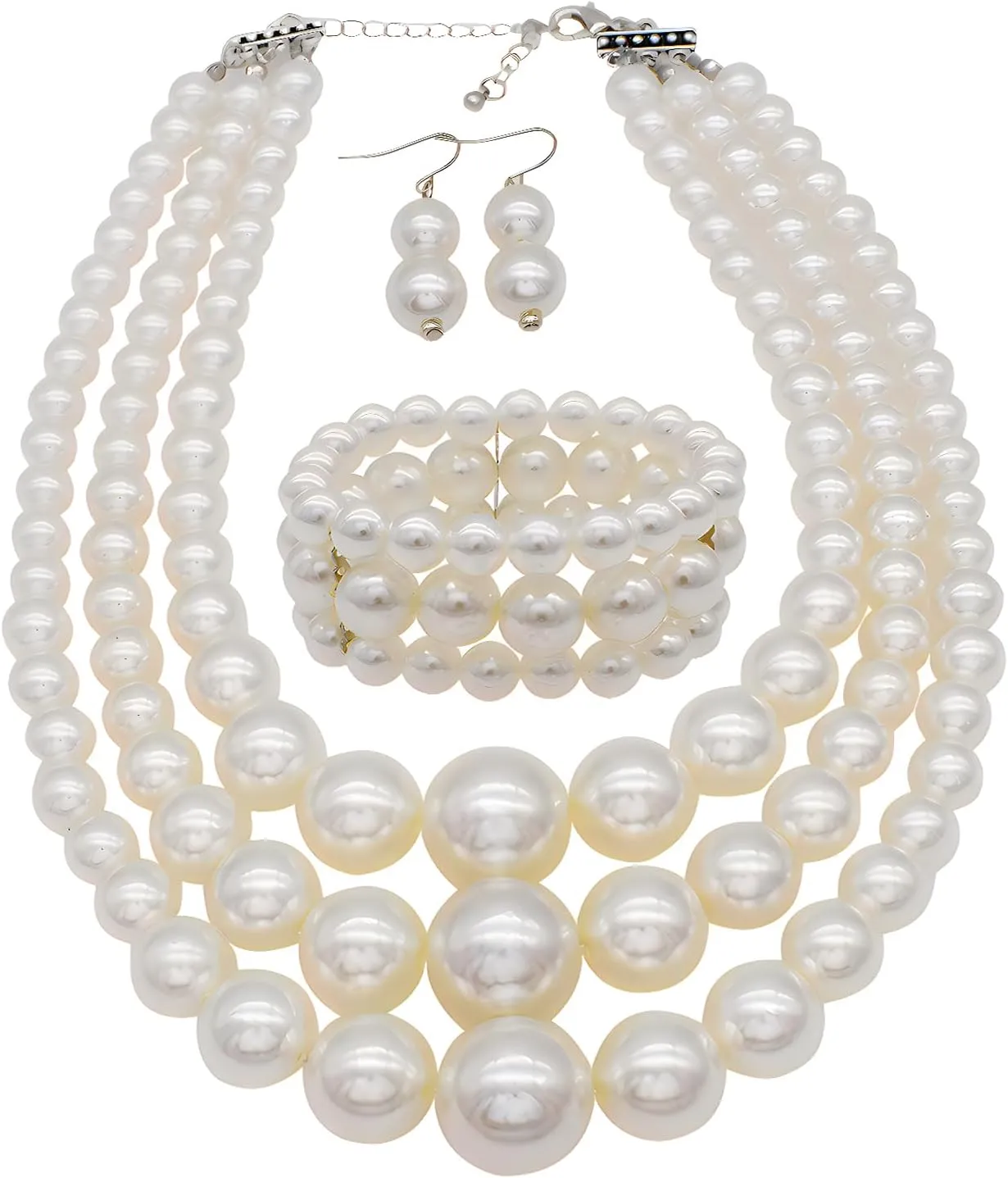 utop Large Multi Strand Chunky Pearls Necklace and Earring Set - Costume Jewelry for Women