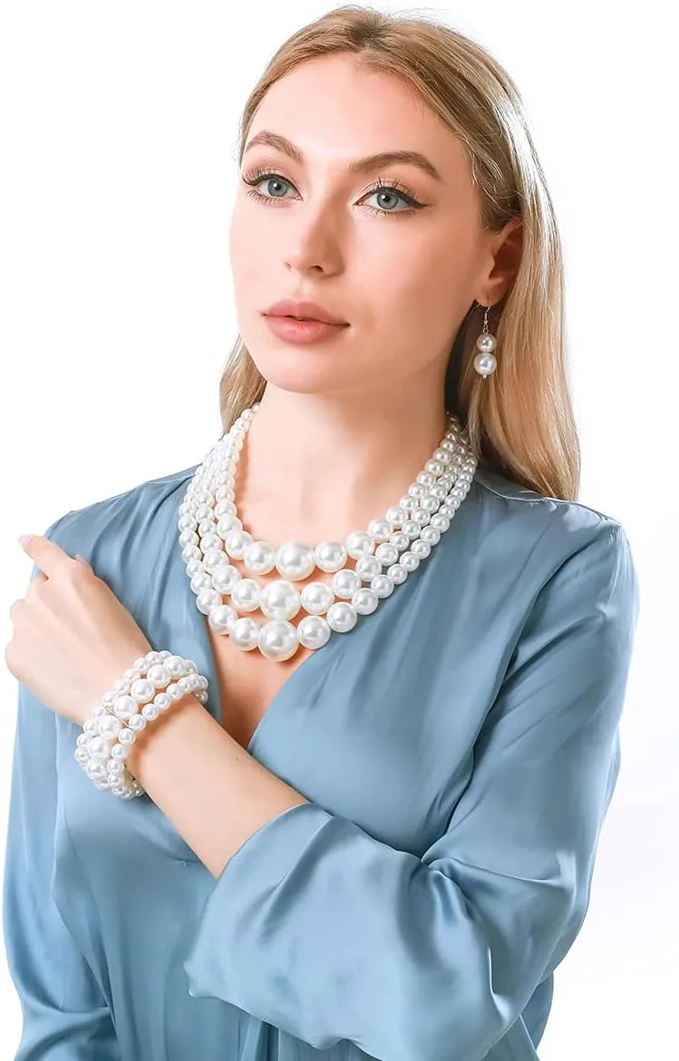 utop Large Multi Strand Chunky Pearls Necklace and Earring Set - Costume Jewelry for Women