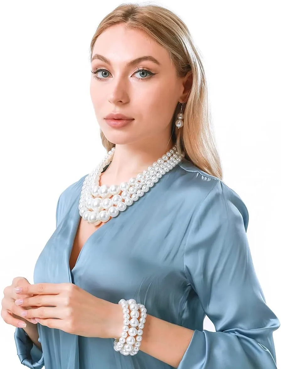 utop Large Multi Strand Chunky Pearls Necklace and Earring Set - Costume Jewelry for Women