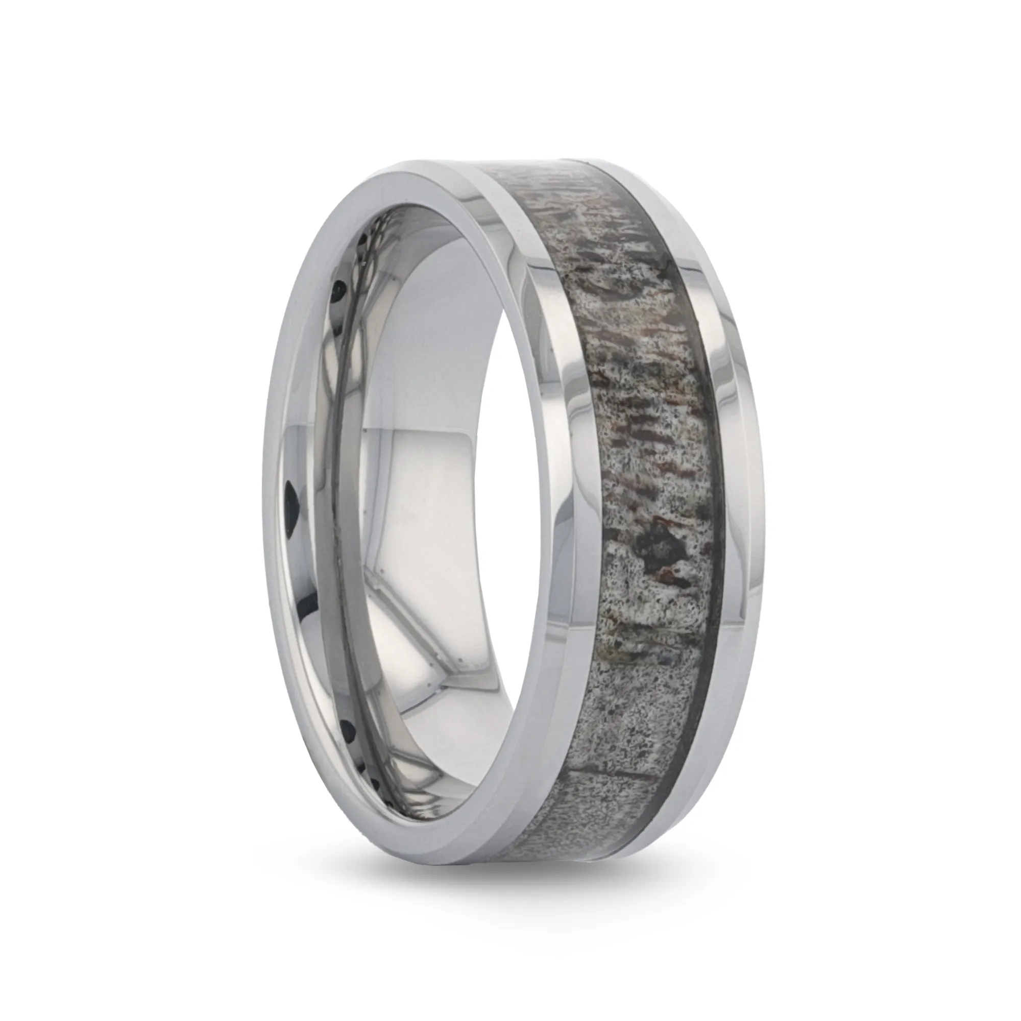 VENADO Beveled Tungsten Carbide Polished Men's Wedding Band with Variable Antler Inlay - 8mm