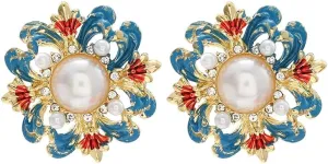 Vintage 18K Gold Plated Pearl Floral Stud Earrings  Colorful Enamel Flower Statement Earrings for Women, Elegant Retro Style, 3.4CM Size, 16g