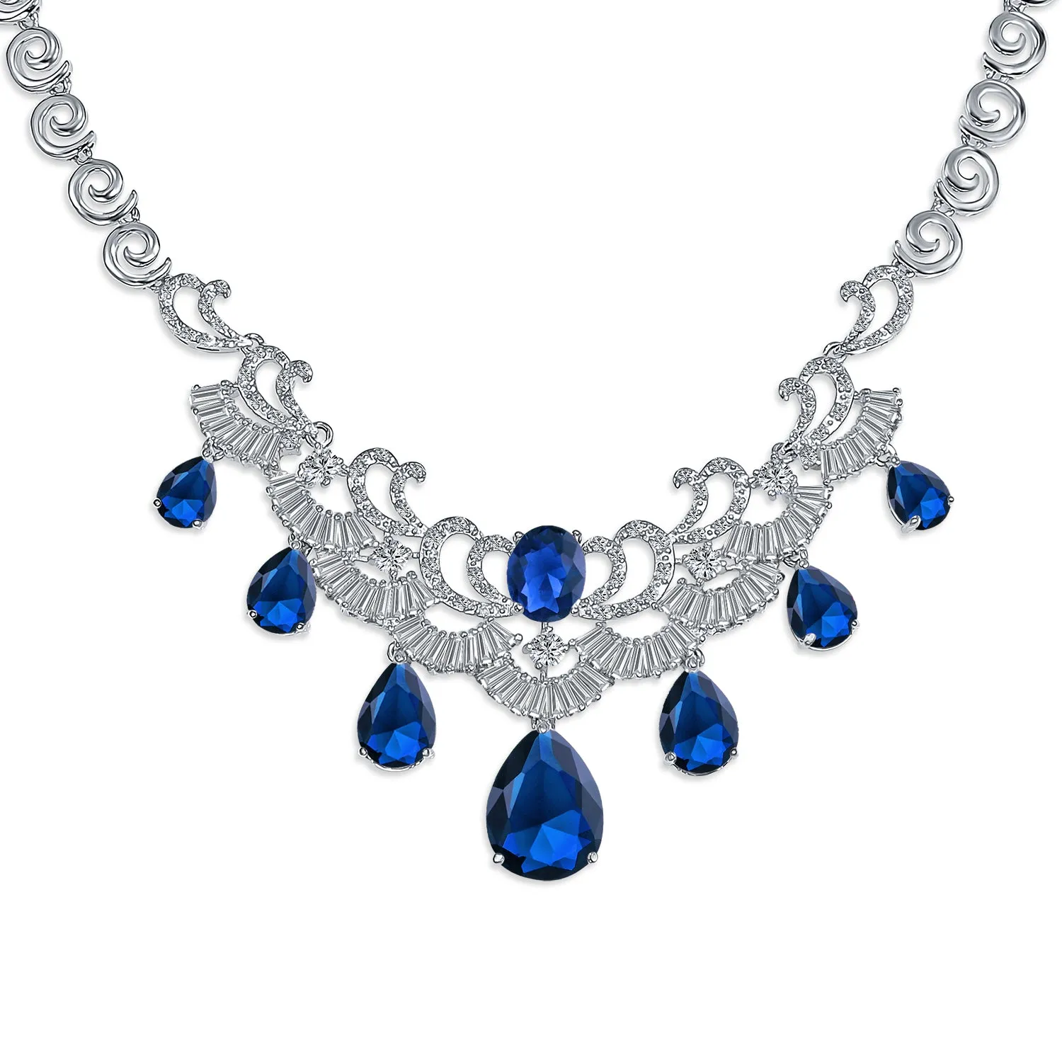 Vintage Art Deco Collar Necklace Set with CZ Sapphire Ruby Emerald Earrings