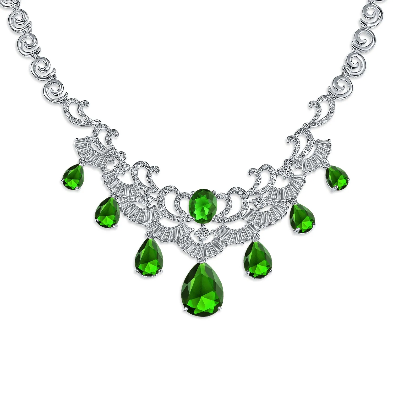 Vintage Art Deco Collar Necklace Set with CZ Sapphire Ruby Emerald Earrings