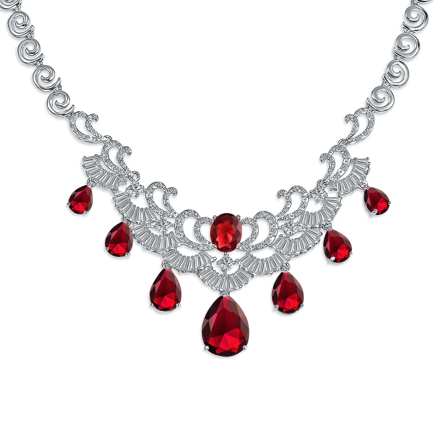 Vintage Art Deco Collar Necklace Set with CZ Sapphire Ruby Emerald Earrings