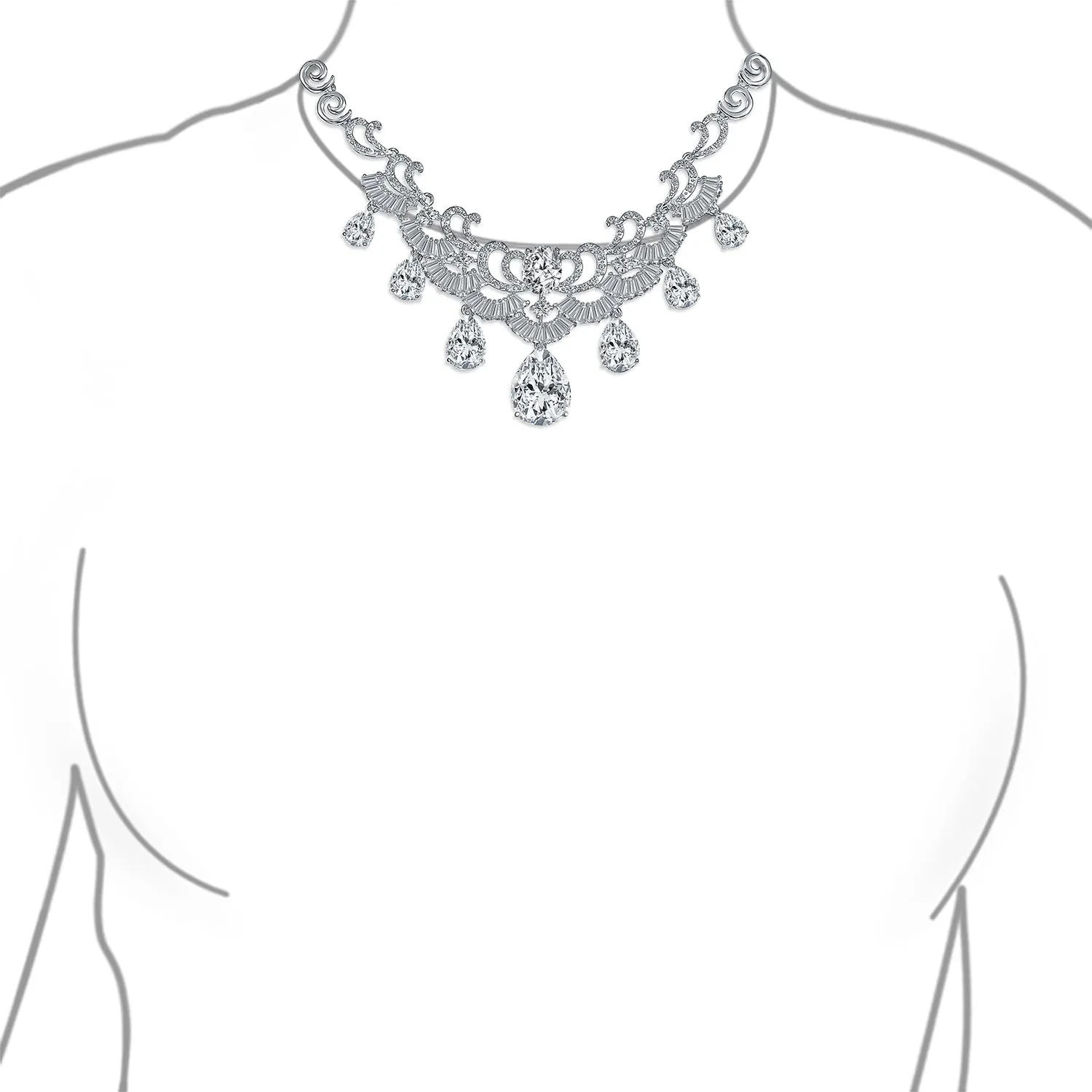 Vintage Art Deco Collar Necklace Set with CZ Sapphire Ruby Emerald Earrings