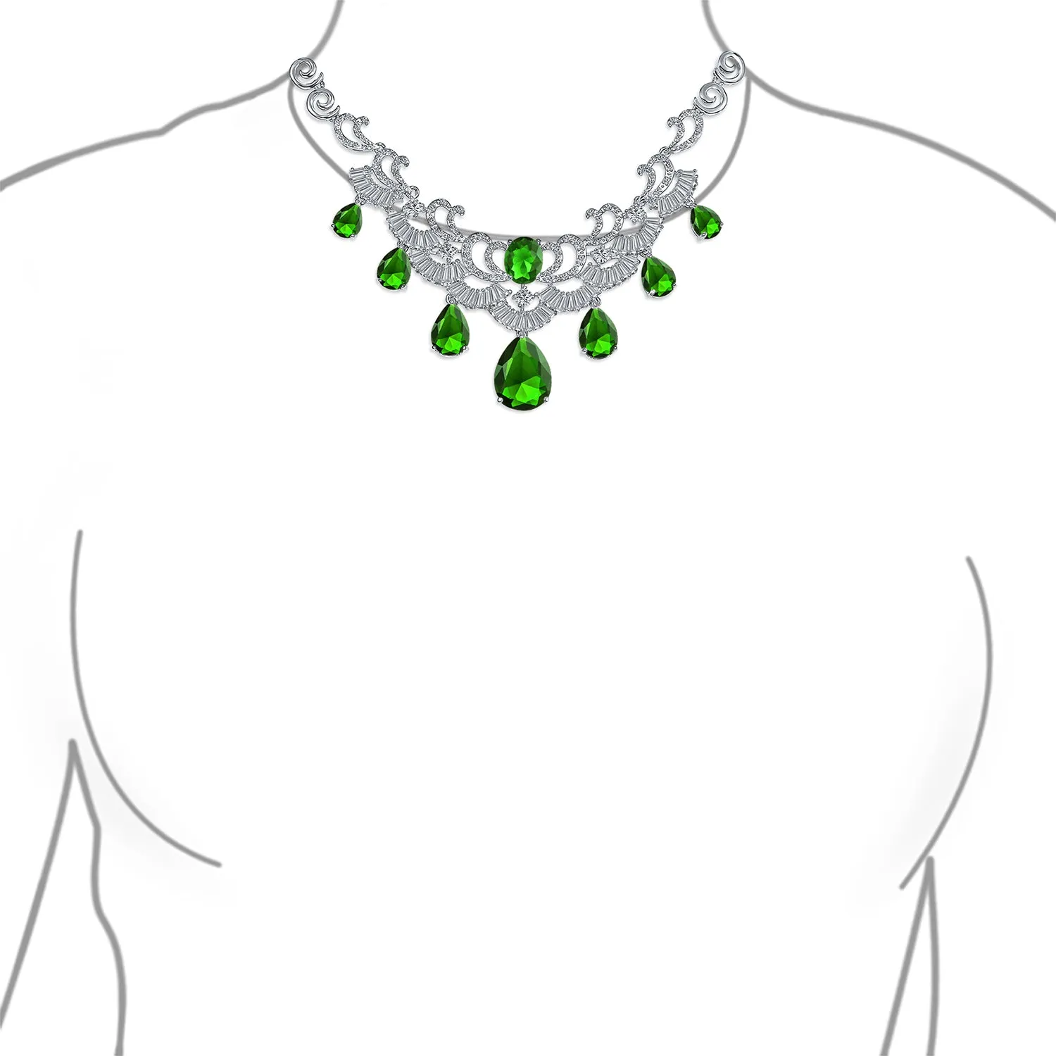 Vintage Art Deco Collar Necklace Set with CZ Sapphire Ruby Emerald Earrings