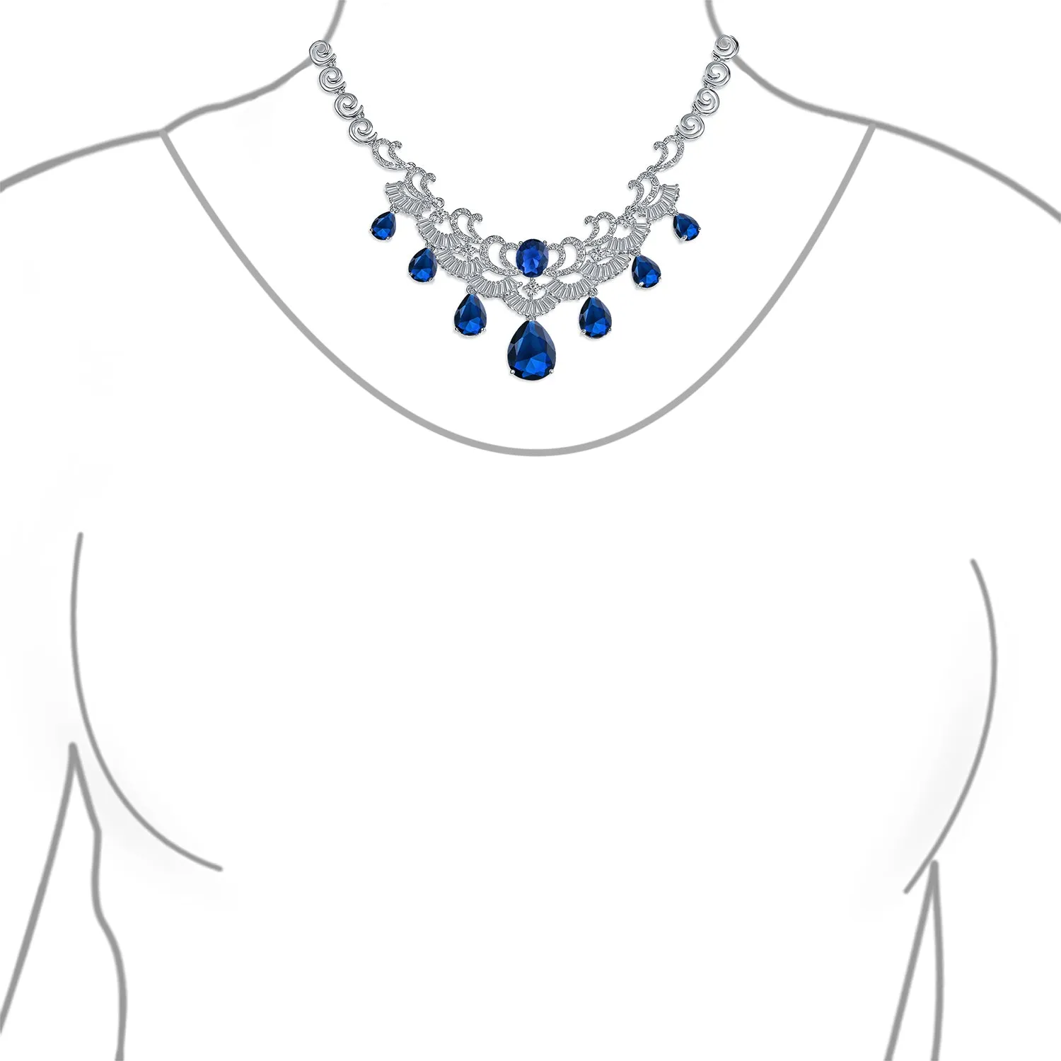 Vintage Art Deco Collar Necklace Set with CZ Sapphire Ruby Emerald Earrings