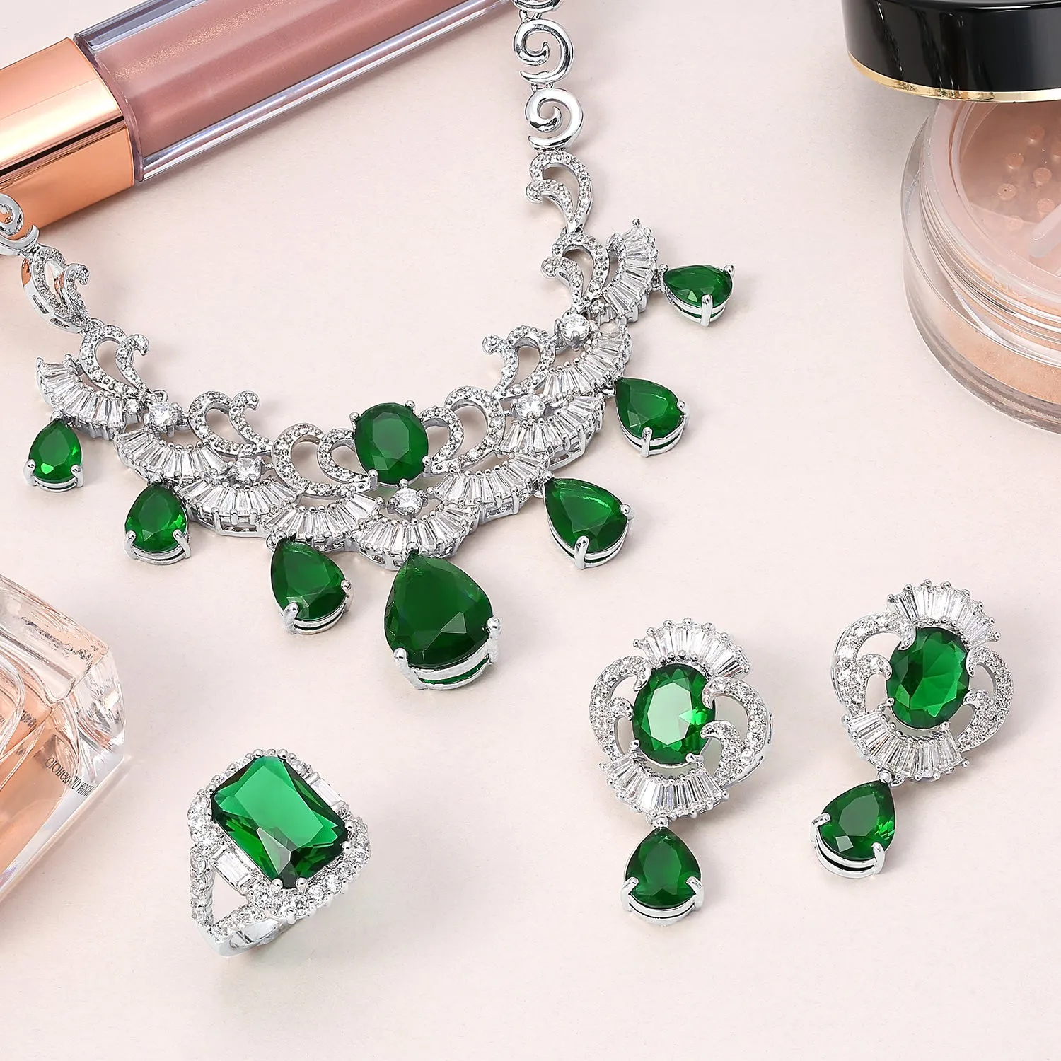 Vintage Art Deco Collar Necklace Set with CZ Sapphire Ruby Emerald Earrings