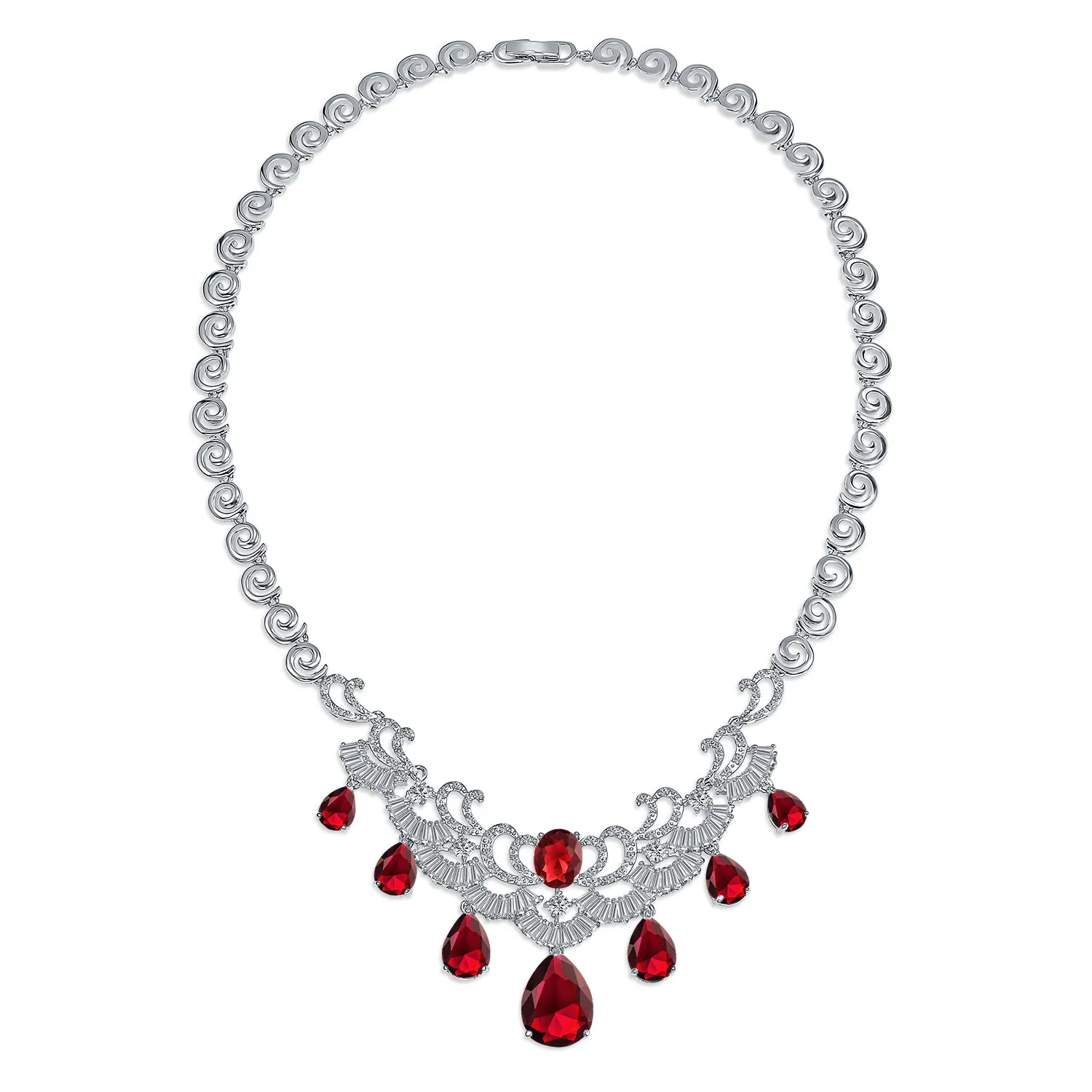 Vintage Art Deco Collar Necklace Set with CZ Sapphire Ruby Emerald Earrings