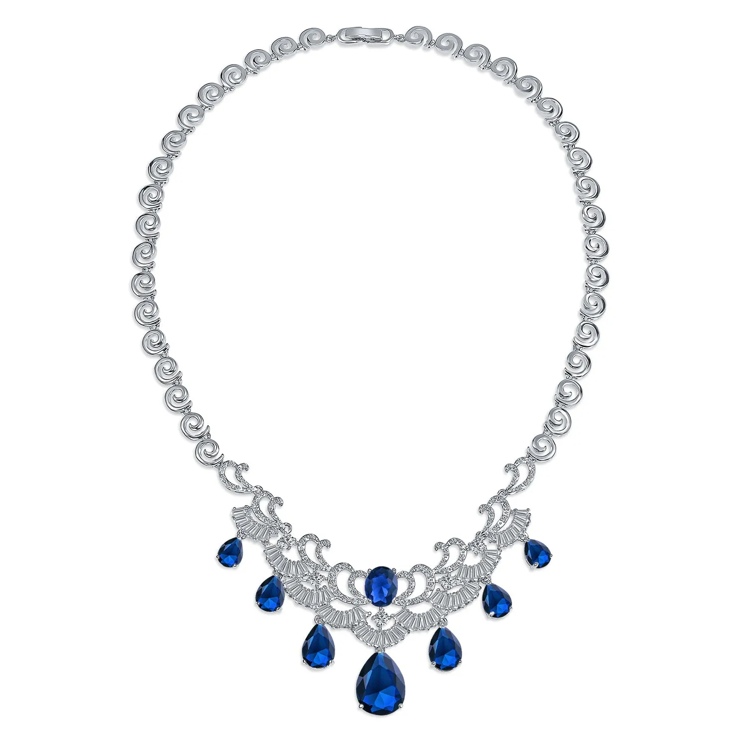 Vintage Art Deco Collar Necklace Set with CZ Sapphire Ruby Emerald Earrings