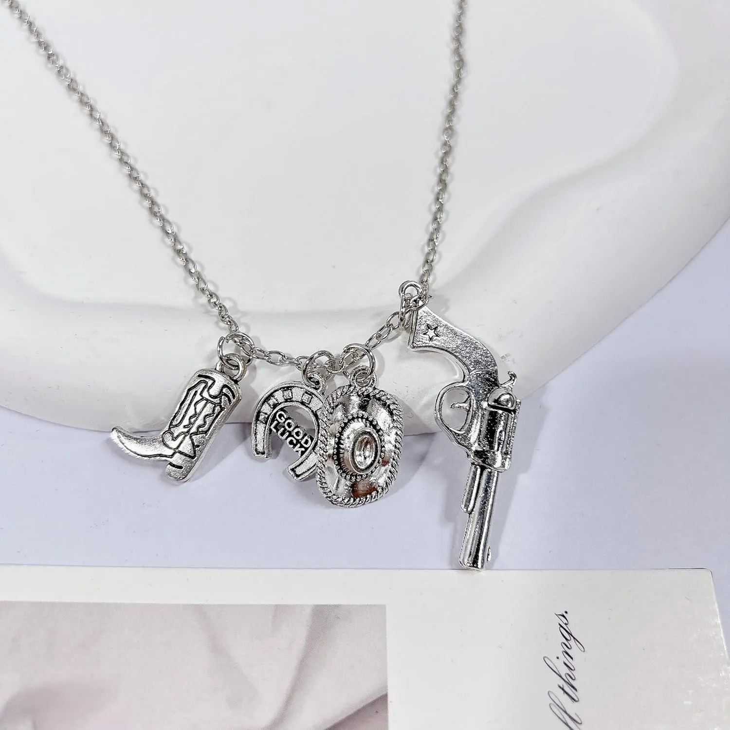 Vintage Cowboy Boot Hat Horseshoe Good Luck Pendant Necklace for Women Men Statement Retro Ancient Adjustable Chain Punk Goth Necklaces Boho Personalized Western Country Party Outfits Jewelry Gifts