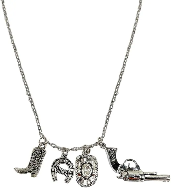 Vintage Cowboy Boot Hat Horseshoe Good Luck Pendant Necklace for Women Men Statement Retro Ancient Adjustable Chain Punk Goth Necklaces Boho Personalized Western Country Party Outfits Jewelry Gifts