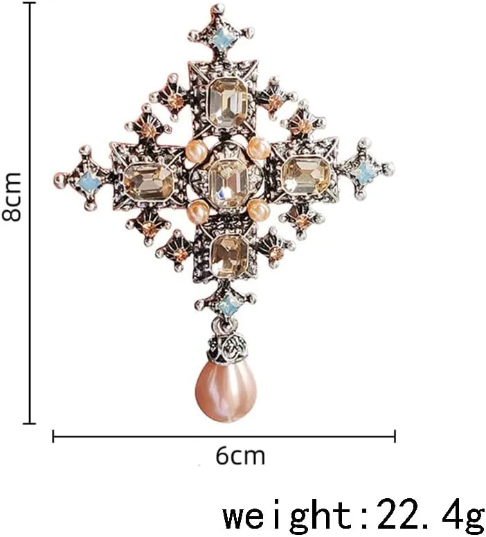 Vintage Cross Rhinestones Pearl Teardrop Brooches Lapel Pins for Women Girls Dainty Boho Crystal Pin Dress Suit Bouquet Ceremony Accessories Jewelry Valentine's Day Gifts