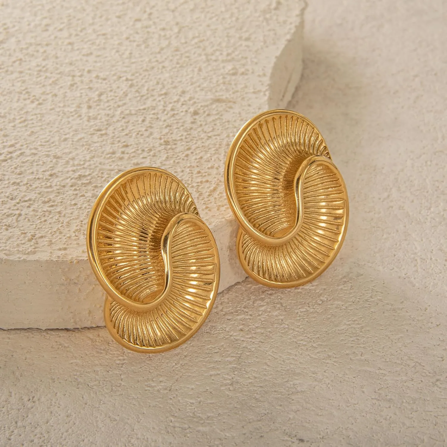 Vintage Gold Spiral Stud Earrings for Women  18K gold plated Elegant Textured Metal Statement Earrings  Unique Retro Jewelry for Everyday & Special Occasions