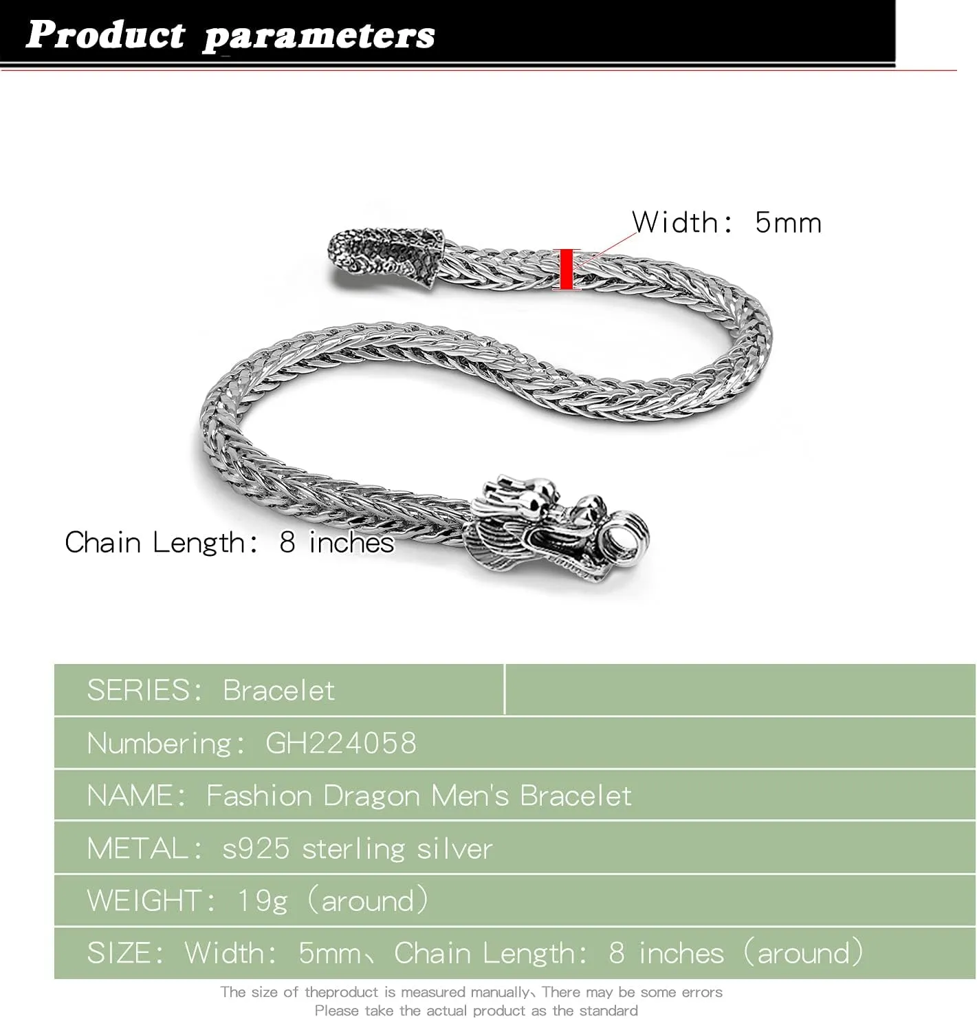 Vintage Men 925 Sterling Silver Dragon Bracelet 5MM7 7.5" 8 "8.5" 9" Franco Link Curb Chain Bangle Fashion Punk Gold Fine Jewelry Gift