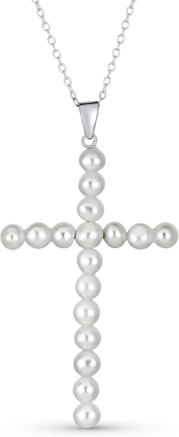 Vintage Style Bridal Simple Religious Simulated White Pearl Infinity Cross Necklace Pendant For Women Wedding Teen .925 Sterling Silver